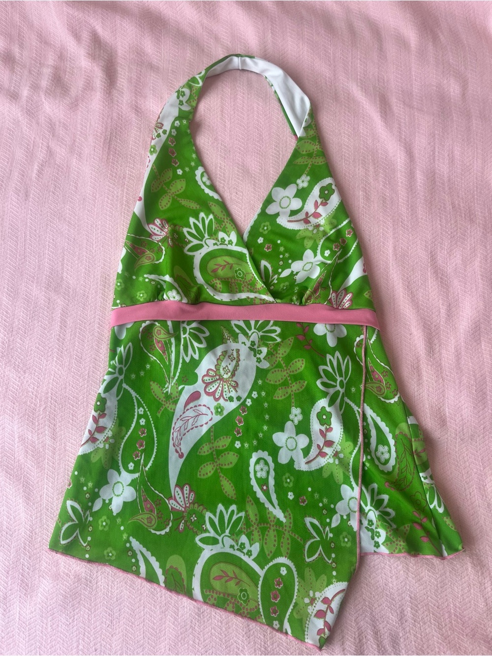Y2K Green Paisley Halter Top with Pink Trim🌸💚